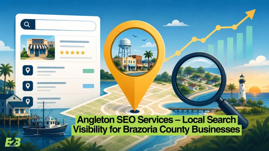 Illustration of local search and map pin visibility for businesses in Angleton, TX and Brazoria County - Angleton SEO Services
