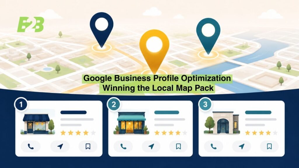 Illustration of three location pins representing the Google Maps local 3-pack above sample business listings