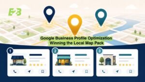 Illustration of three location pins representing the Google Maps local 3-pack above sample business listings