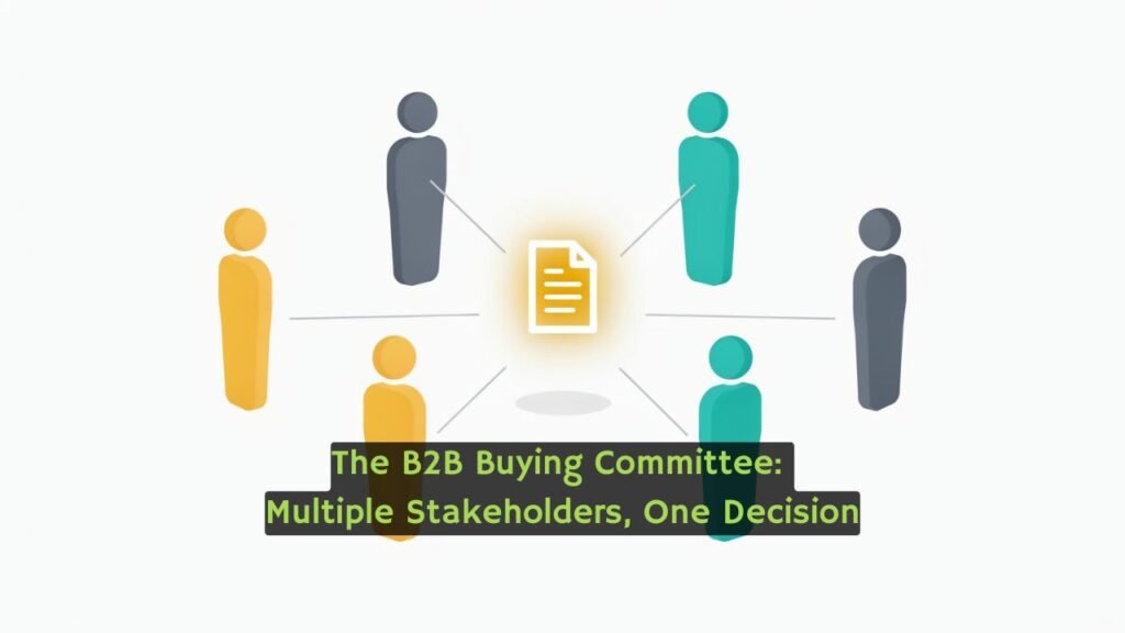 Illustration of several abstract figures representing a B2B buying committee evaluating a shared decision