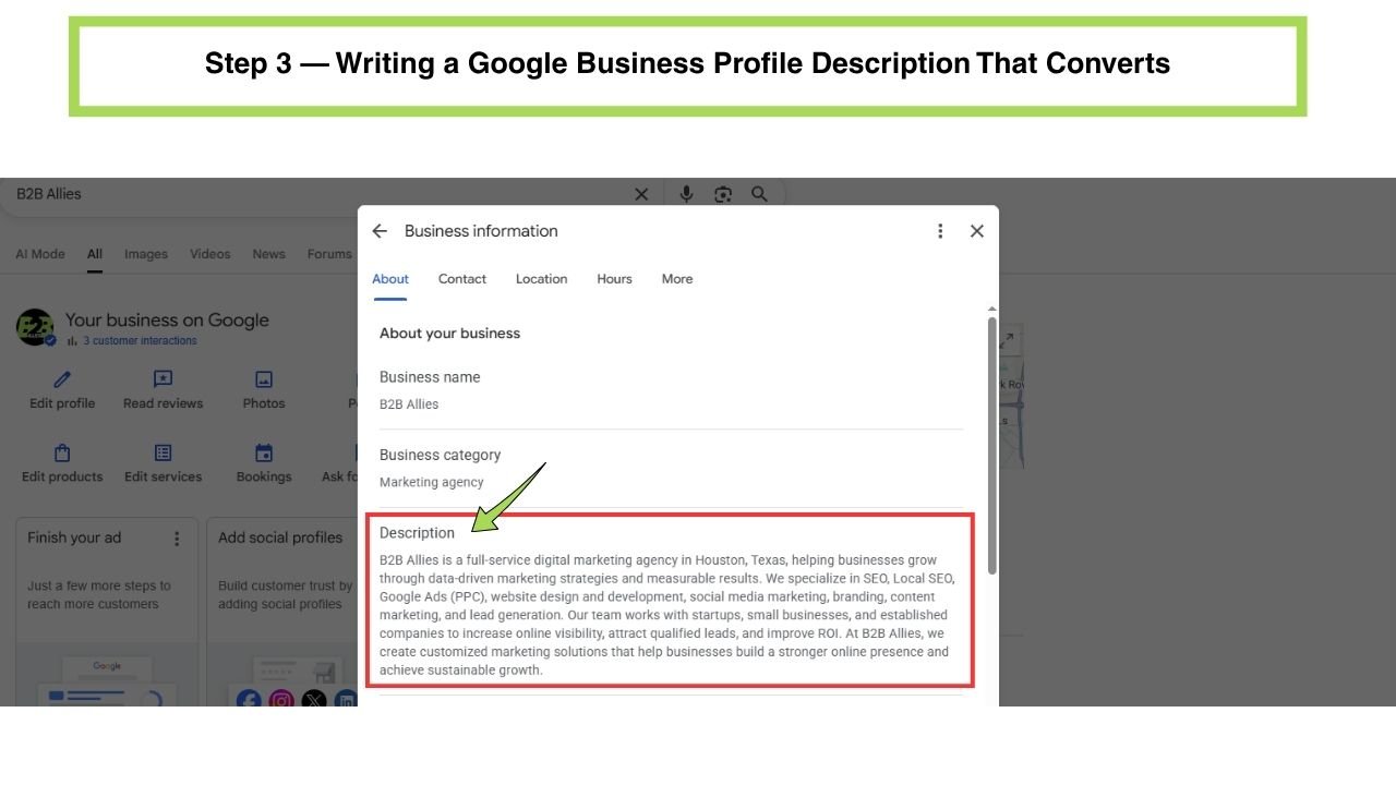 Illustration of a text document with a writing cursor and magnifying glass representing an optimized business description