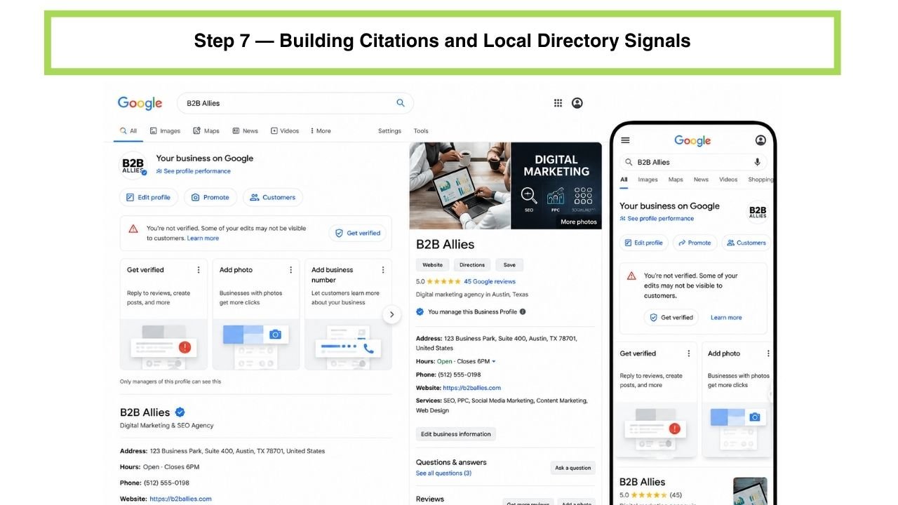 Illustration of a central business pin connected to multiple directory listing icons representing citation building