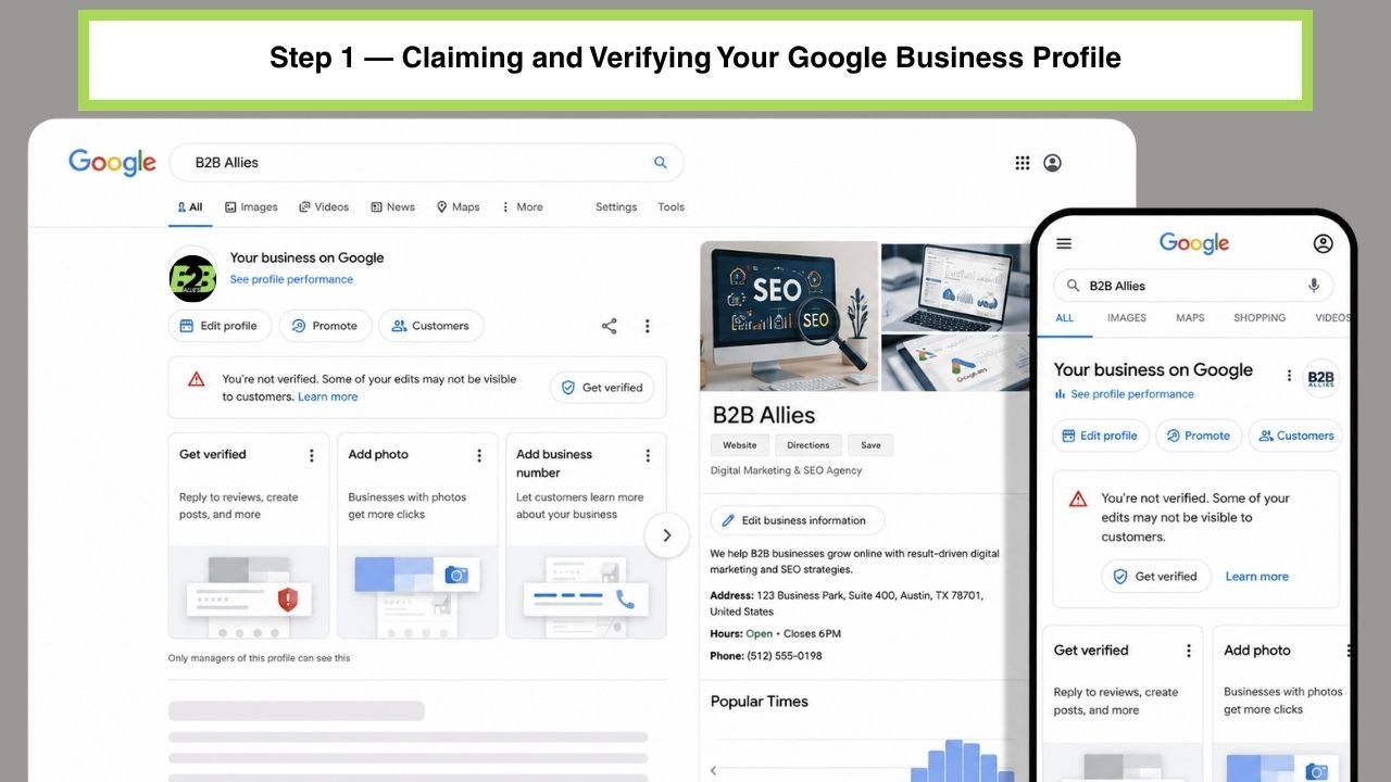 Illustration of a verification postcard and smartphone code entry representing the Google Business Profile verification process