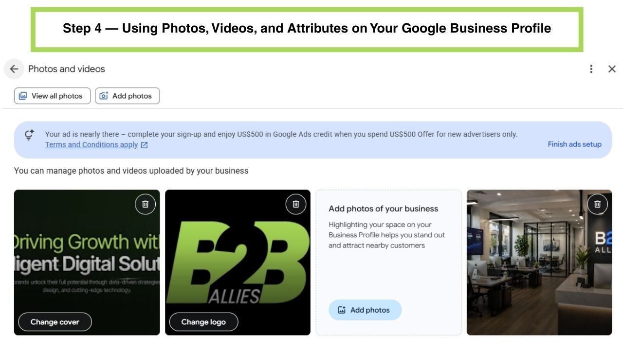 Illustration of a photo and video gallery grid representing visual content on a Google Business Profile
