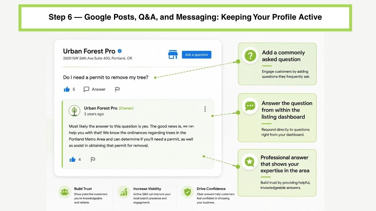 Illustration of three icons representing Google Posts, the Q&A section, and direct messaging features