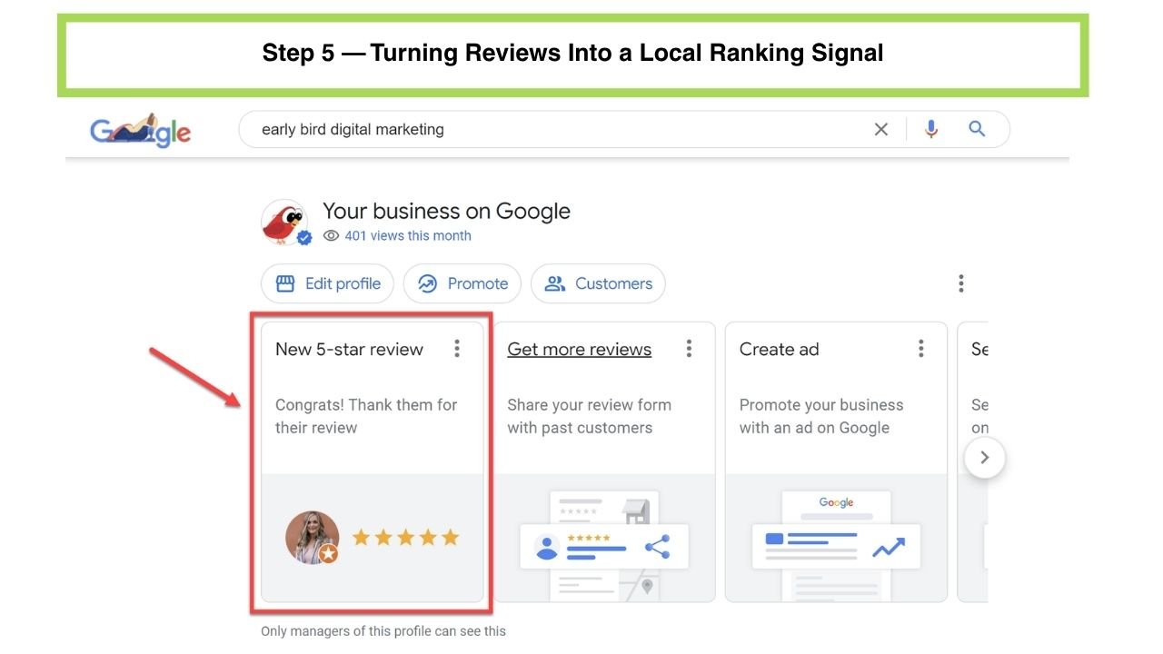 Illustration of a five-star review card with a reply icon representing review generation and response strategy