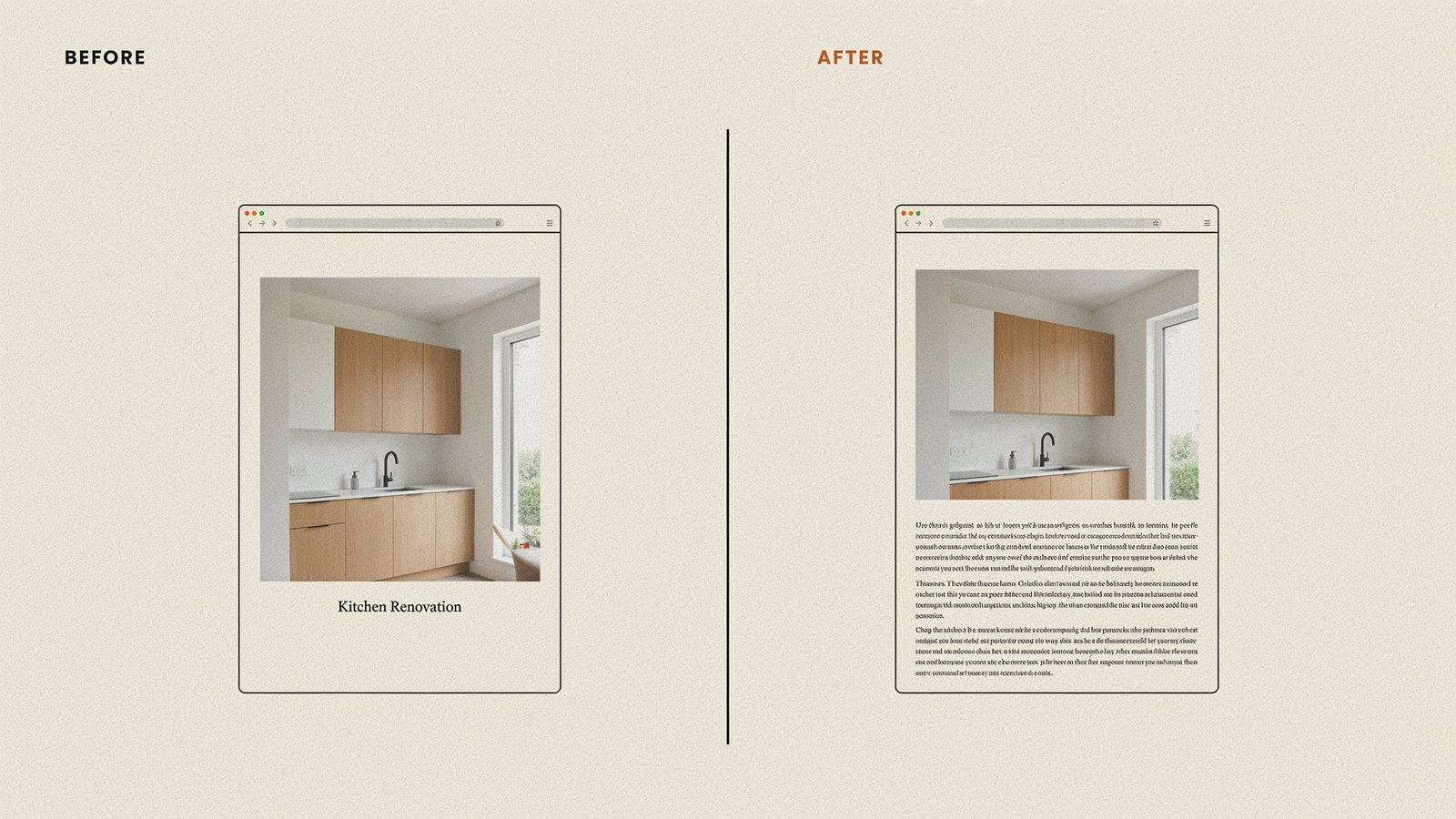 Before and after comparison of an architecture project page description optimized for SEO