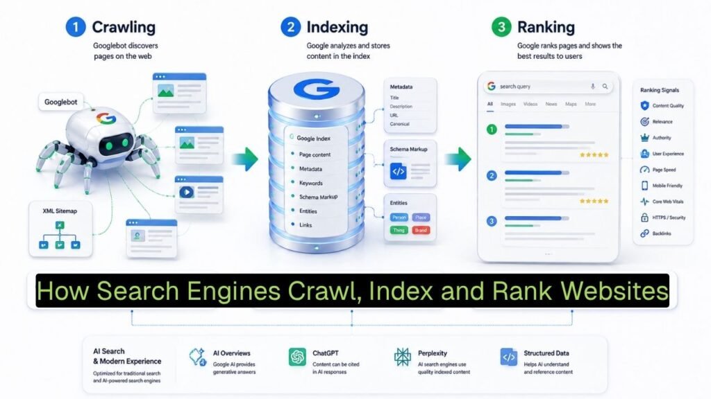Diagram illustrating Google's crawling, indexing, and ranking process for search engine optimization.