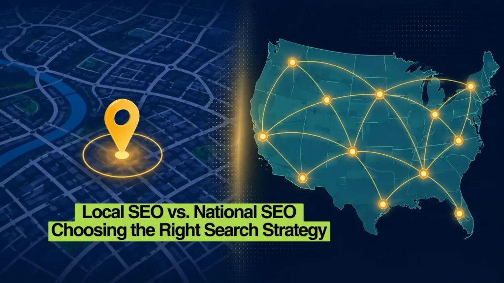 Split illustration comparing local map-based search versus national network-based search