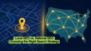 Split illustration comparing local map-based search versus national network-based search