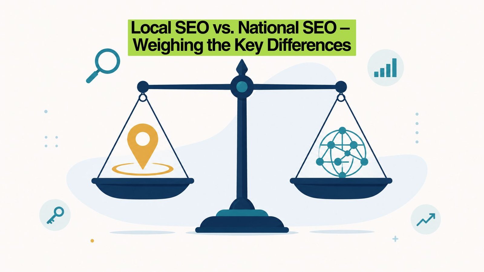 Illustration of a balance scale comparing a local map pin icon against a national network icon