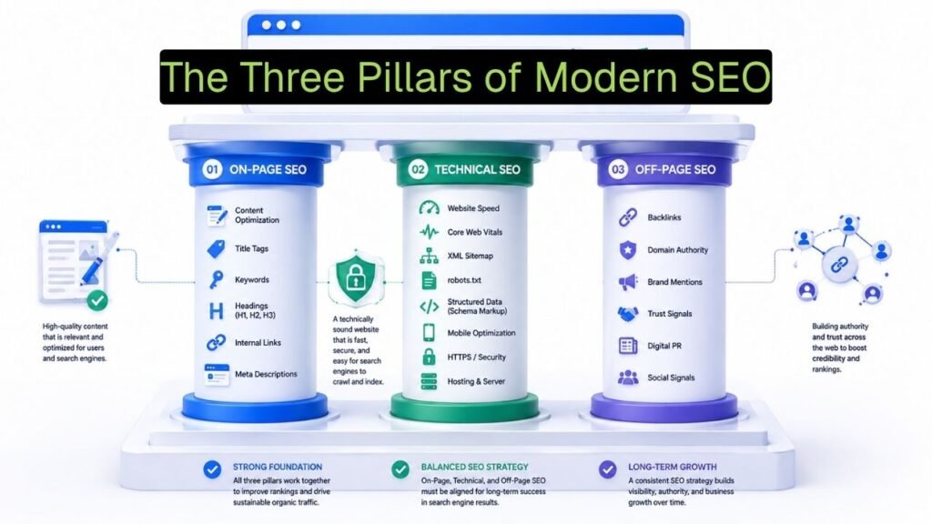 Illustration explaining the three pillars of SEO: on-page SEO, technical SEO, and off-page SEO.