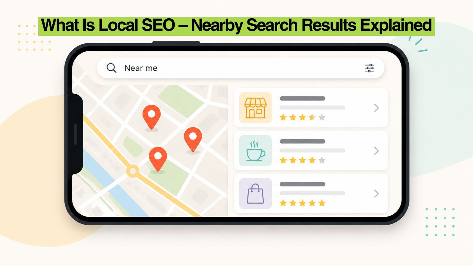Illustration of a smartphone showing local map search results with nearby business listings