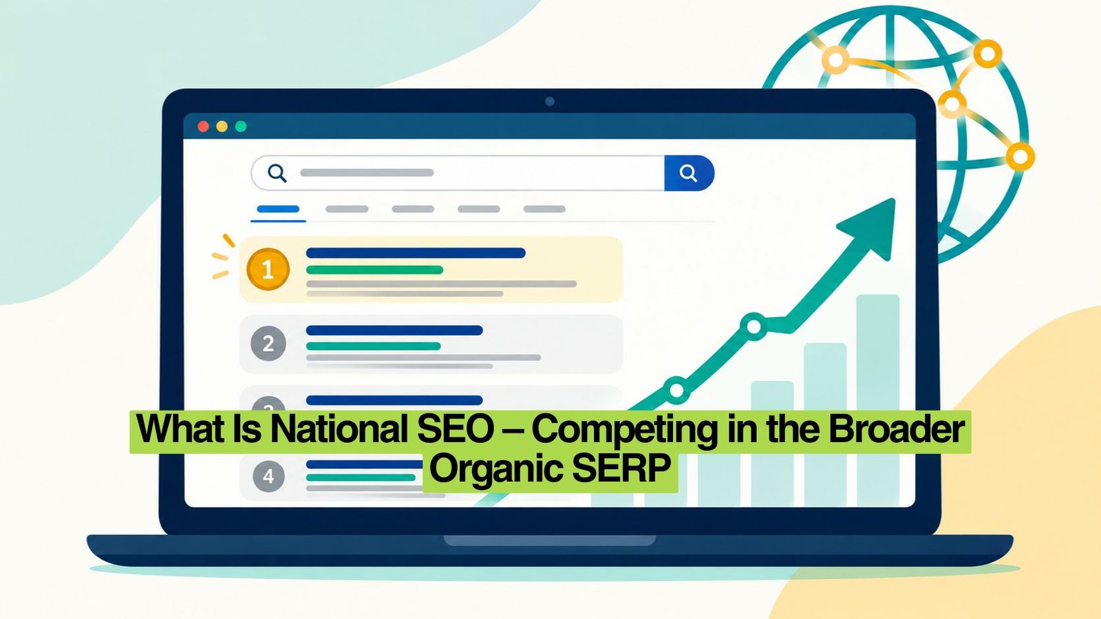 Illustration of a desktop search results page with ranked listings and an upward growth trend line