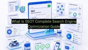Illustration showing how search engine optimization works through keyword research, technical SEO, content optimization, backlinks, crawling, indexing, and organic search rankings.